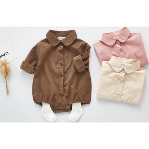 Angoubebe B20H16 wholesale solid long sleeve turn-down collar cotton baby girl boy romper