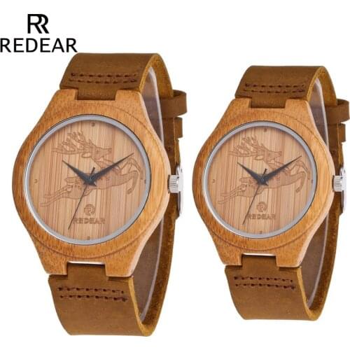 REDEAR OEM His-and-hers Watches Elk Deer Styles Bamboo Watch for Men Luxury Leather Wooden Wristwatches as Festival Gift