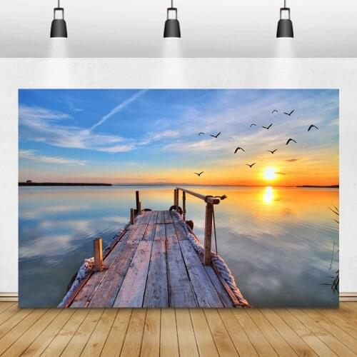 Laeacco Summer Sea Backdrops Sunset Clouds Wood Bridge Holiday Tropical Portrait Photography Backgrounds For Photo Studio Props