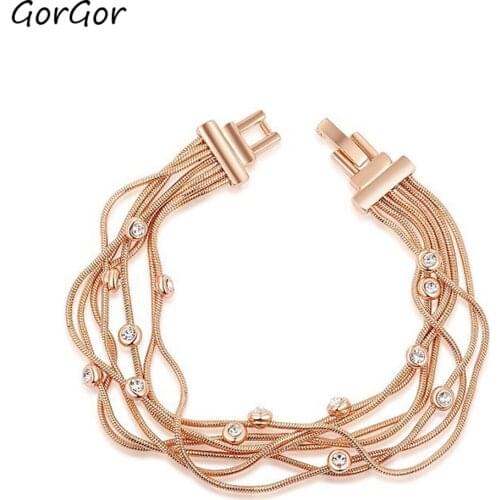 GorGor Bracelets Women Alloy Material Multilayer Wire Rose Gold Plated Mosaic Crystal Creative Birthday Jewelry 2060007750