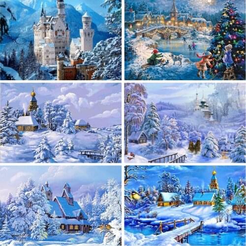 HUACAN Diamond Painting House Winter Landscape Mosaic Embroidery Snow Home Decoration Rhinestone Picture