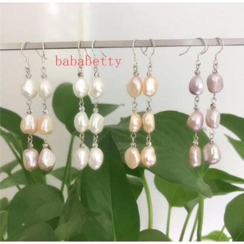 Perfect Pair of 9-10MM Baroque Pearl White Purple Pink Multicolor Natural Pearl Tibetan silver Earrings