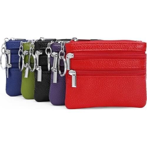 Genuine Leather Double Zipper Key Wallet Small Coin Purse Multi pockets Bus Card Key Bag pocket Custom name logo