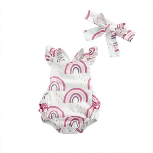 2 Pcs Newborn Summer Outfits, Baby Girl Ruffled Rainbow Print Fly Sleeve Romper + Headband