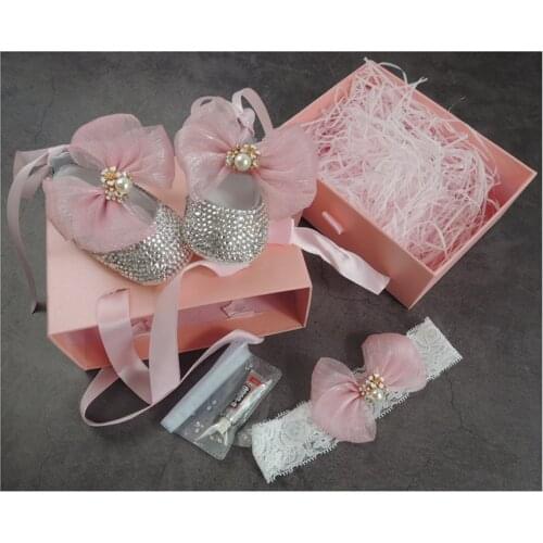 Set of baby shoes moccasins headband crystal rhinestone tips bling baby shower shoes newborn girl shoes newborn gift box