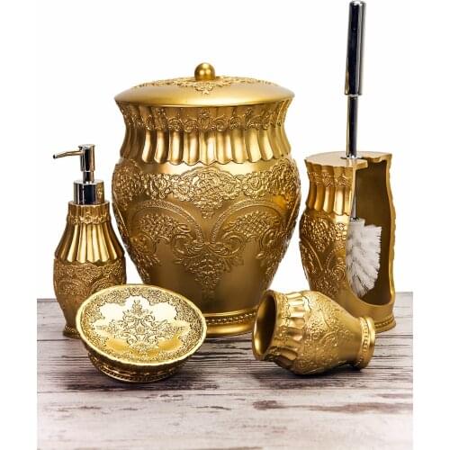 Polyester 5 Piece Bath Set Gold Luxury Wedding Gifts Bathroom Accessories Solid Soap Toothbrush Holder Brush Holder Trash Can