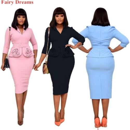 African Dress For Women 2020 Office Ladies Fashion Pencil Summer Dresses Flowers Pink Blue Black Plus Size Clothing Vestidos