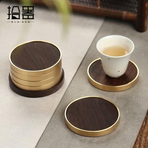 Ebony solid wood coaster brass anti scalding and heat insulation household tea cup holder tea ceremony kungfu tea set accessorie