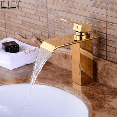 Vidric Bathroom Faucets Gold Waterfall Bath Sink Water Mixer Golden Basin Faucet Hot and Cold Deck Mounted ELS1502G