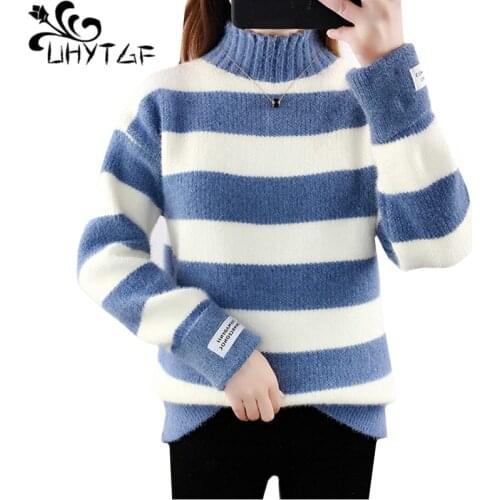 UHYTGF Mink cashmere sweater women fashion stitching autumn winter sweater female turtleneck pullover knitted sweaters coat 625