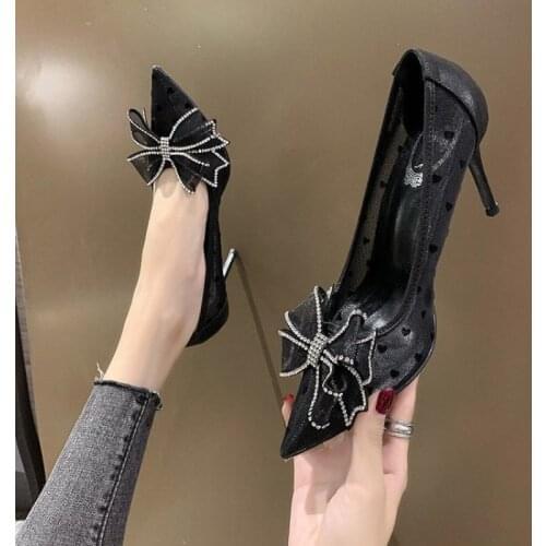 Summer Pumps Women Bow Crystal Mesh Polka Dot Breathable High Heel Shallow Pointed Toe Single Shoes 7cm Stiletto Heel Woman