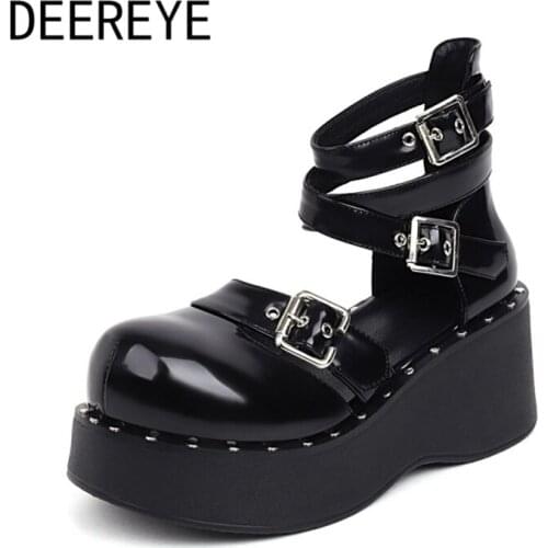 2021 Rock Loli Punk Silver Rivet Front Cross Straps 3 Buckles Ankle Belt Adjustment Shallow 6.5CM Platform High Heel Party Shoes