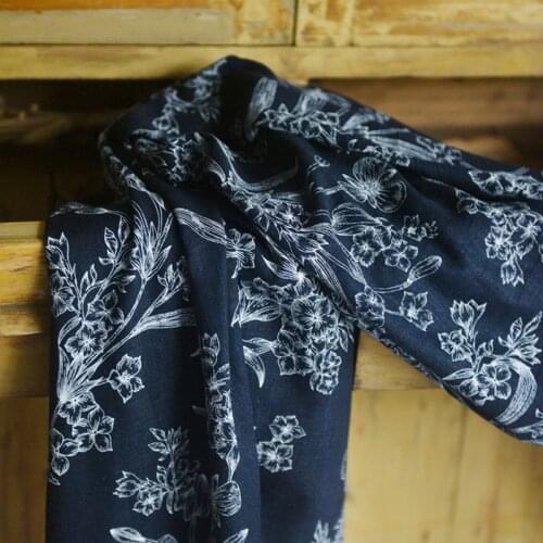 High quality linen cotton fabric Blue flower printing sewing Dress shirt clothing tablecloth hand decoration material