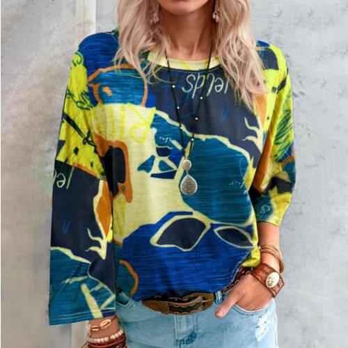 Women T-shirt Autumn Top Map Print All Match Breathable Ethnic Style O Neck Long Sleeve Casual T-shirt Women Streetwear 2XL