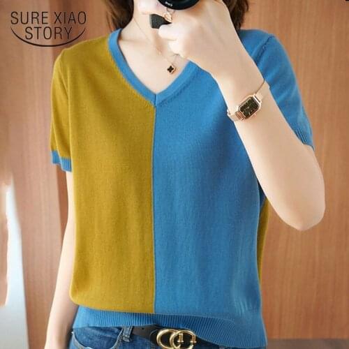Korean Casual Loose V-neck Shirts for Women 2021 Summer Cotton Thin Knitted Short Sleeve Women Shirt Pullover Ladies Tops 9437
