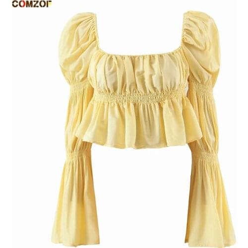 Fashion Women 2021 Autumn Long Sleeve Crop Tops Flare Sleeve Vintage Sweet Blouse Lady Square Collar T Shirt Ropa Mujer