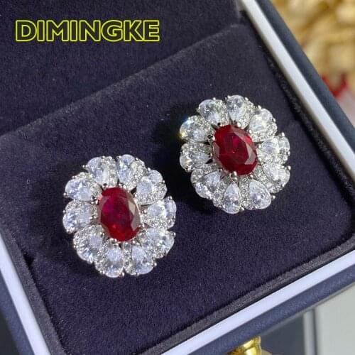 DIMINGKE 6*8MM Natural Ruby Flower Silver Stud Earrings 100%-S925 Sterling Silver Woman Jewelry Party Anniversary Gift