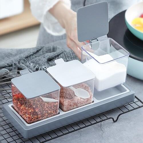 3 Cells/1Set Spices Box Pepper Spice Shaker Salt Seasoning Organizer Kitchen Cruet Condiment Bottle Jars Container With Spoons