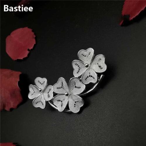 Bastiee Hmong Jewelry Clover 999 Sterling Silver Brooch Women Pins Luxury Fine Brooches Elegant Pin Gift Girlfriend Girl Gifts