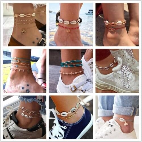 Tocona Bohemia Summer New Fashion Jewelry Gold Silver Color Anklets Shell Round Flowers Geometric Shape For Women Men Anklets