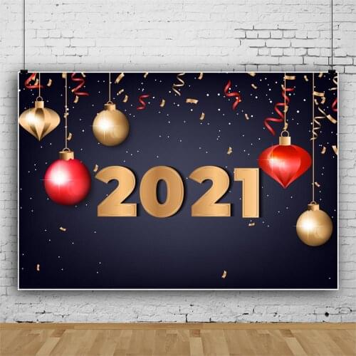 Laeacco Gold Christmas Ball Ribbons Happy New Year Of 2021 Party Celebration Poster Photo Background Photography Backdrop Photo
