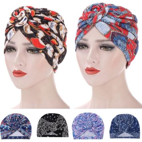 Cross Knot Turban Cap Women Fashion Print Twisted Bonnet Hat Female Muslim Headscarf Soft Night Caps Round Sleeping Hat Femme