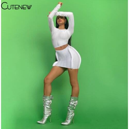 Cutenew Solid Rib Knitted Two Piece Set Women Outfits Long Sleeve Skinny Crop Tops+Stretch Skirt Matching Lady Casual Streetwear