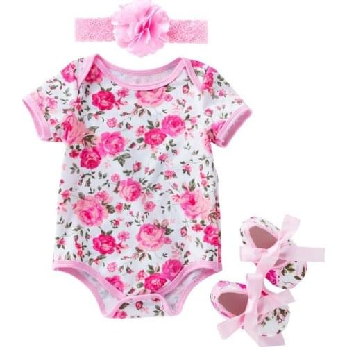 3PCS Newborn Toddler Baby Girls Clothes Flower Rompers Short Sleeve Jumpsuit + Headband + Shoes 0-18M Crawling Outfits Clothing