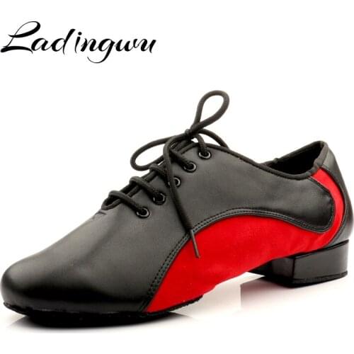 Ladingwu Mens Latin Dance Shoes Genuine Leather Ballroom Dancing Shoes Big Size Party Two-point Bottom Soft Mens Dance Shoes