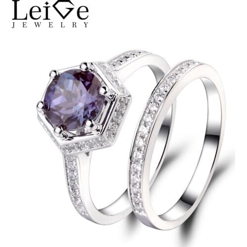 Leige Jewelry Engagement Ring Set For Women Alexandrite Ring Round Cut Gemstone Sterling Silver 925 Fine Jewelry