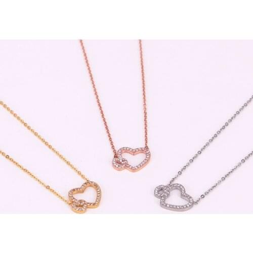 Stainless Steel Zircon Double Heart Pendants Necklace Romantic Crystal Elegant Love Necklaces Women Wedding Jewelry Xmas Gift