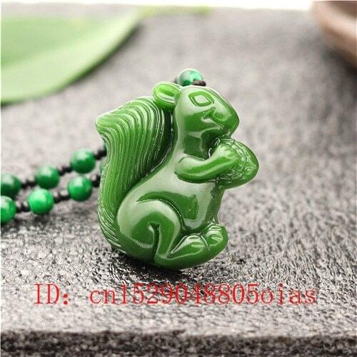 Natural Green Chinese Jade Squirrel Pendant Beads Necklace Fashion Charm Jadeite Jewelry Carved Amulet Gifts for Women Men