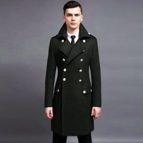 Spring New Arrival Fashion Mens Double Breasted Long Wool Blend Coats Male Military Long Jackets Outwears Parkas Army