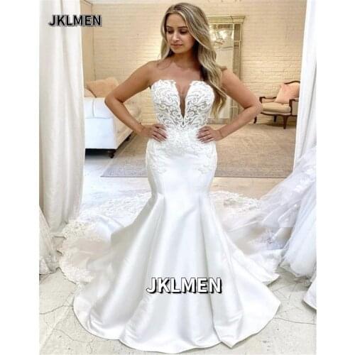 Sexy Wedding Dresses Mermaid Strapless V-neck Satin Lace Appliques 2021 New Design Vintage Simple Bride Gowns Custom Made