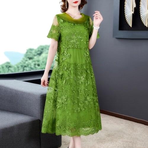 Spring Summer Womens Embroidery Short Sleeve Wine Red Green 4xl Long Dress , A Line Loose Korean Style Dresses for Woman