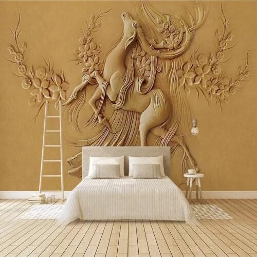 Custom 3D Embossed Golden Elk Deer Paper Living Room TV Sofa Restaurant Mural Wall Cloth Modern Background Wall Papel De Parede