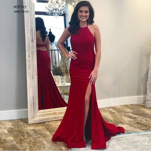 Sexy Burgundy Long Evening Dress Halter Neck Mermaid Women Formal Evening Party Gowns Front Split Sweep Train Robe De Soiree