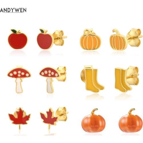 ANDYWEN 925 Sterling Silver Gold Enamel Red Yellow Stud Earring Mushroom Pumpkin Maple leaf Apple Stud Earring Piercing Clips