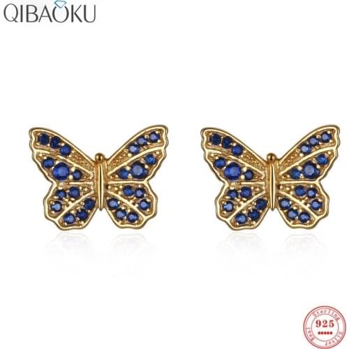 Real 925 Sterling Silver Earrings Butterfly Blue Zircon Gold Stud Earrings Luxury Sweet Fine Jewelry Gift for Women
