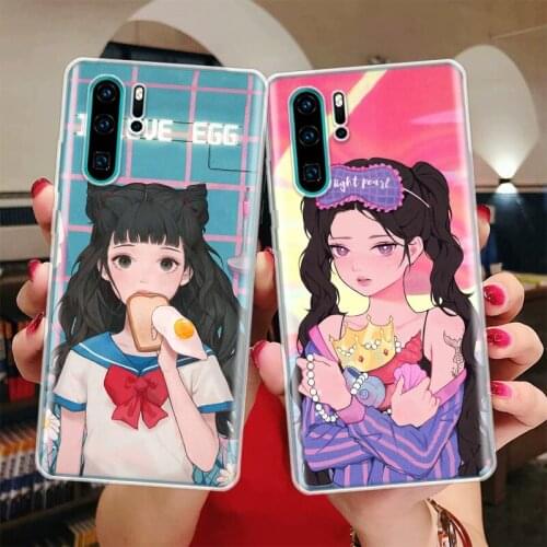 INS Kawaii Japanese Anime illustration Girl Silicon Phone Case For Huawei Honor 10 9 20 Lite Y5 Y6 Y7 Y9 9X 8X 8S 8A 7X 7A 7S Pr