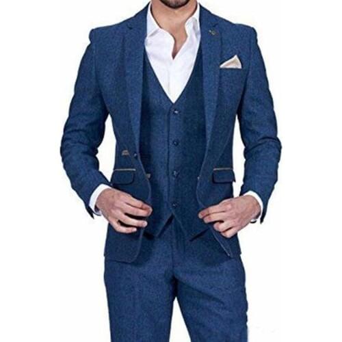 New Arrival Tweed Groom Tuxedos Notch Lapel Groomsmen Mens Wedding Business Prom Suits (Jacket+Pants+Vest)