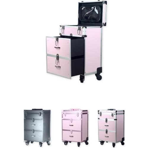 Large capacity munsu makeup Case aluminum box with 2 layer dawer Trolley
