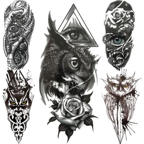 Owl Temporary Tattoo For Women Men Black Mechanical Arm Unique Triangle Tattoos Totem Eyes Realistic Body Spray Fake Tatoo
