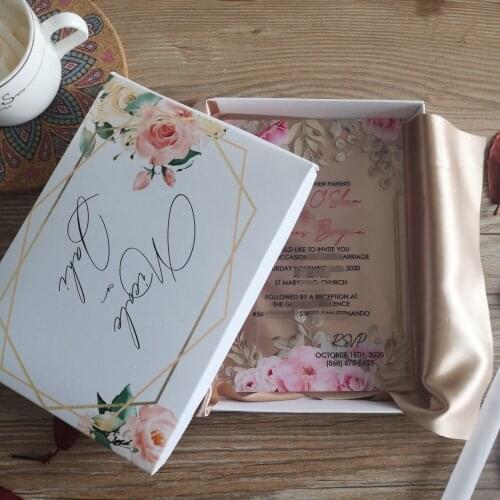 Free shipping 2019 hot sale custom personalized pink flower printing acrylic wedding invitation card with white letters