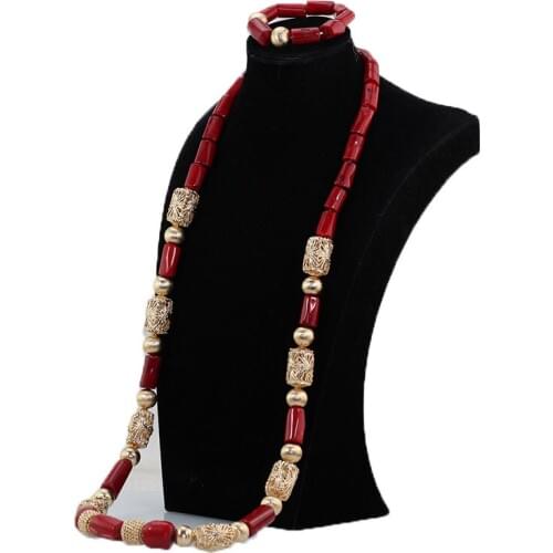 African Wedding Party Jewelry 45 Inches Wnie Red Men Coral Bead Necklace Set for Groom Male Coral Necklace Bracelet Set ABH795