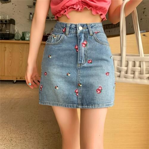 Comelsexy Fashion High Waist Embroidery Floral Denim Skirt 2020 New Vintage Blue Mini Skirts Womens A-line Saia Jeans Skirt