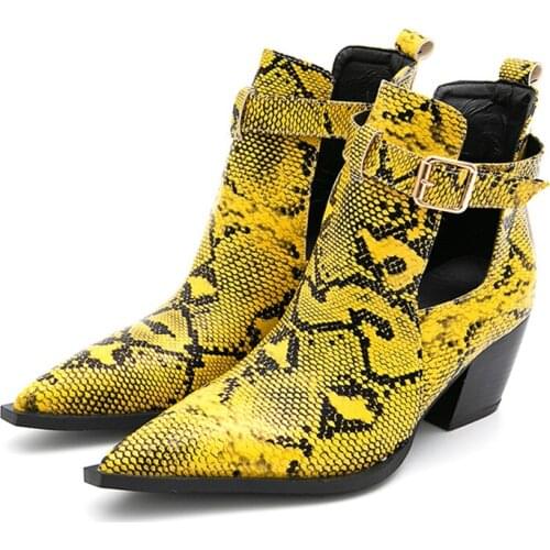 Spring Autumn Women Shoes Retro High Heel Ankle Boots Female Block Mid Heels Casual Snake Botas Mujer Booties Feminina Size 43