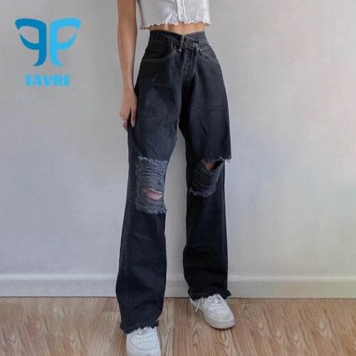 FAVRE Women Jeans Hip Hop Straight Trousers Autumn High Waist Ripped Raw Edge Casual Jeans Womens Baggy Pants Fashion Harajuku