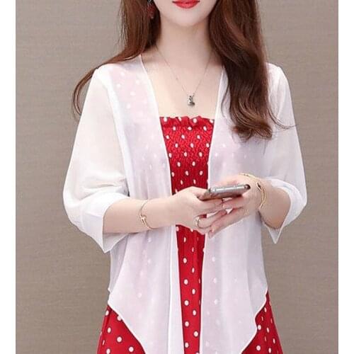 Plus Size new Summer Chiffon Cardigan Women short Mesh Sunscreen Jacket Casual Black Red White half-sleeve Thin Coat X124
