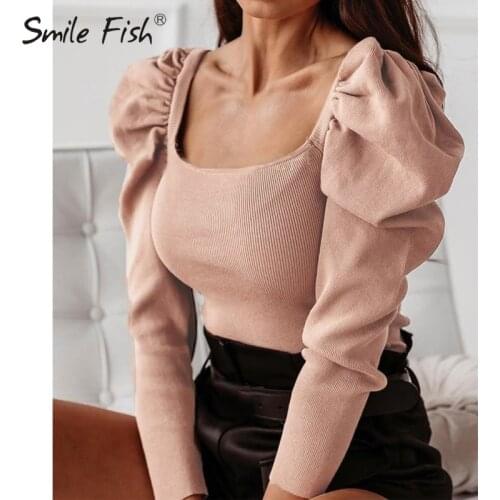 Vintage Retro Sexy Bodysuits Women Solid Knitwear Crochet Puff Long Sleeve Knitted Body Suit Female Slim Fit Jumper Mujer G2089